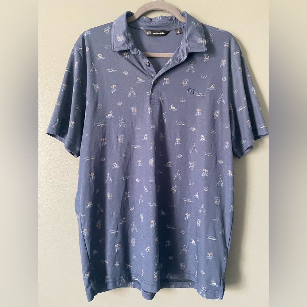 TRAVIS MATHEW Polo Shirt Men Large Blue Beer Party Print Pima Golf Performance